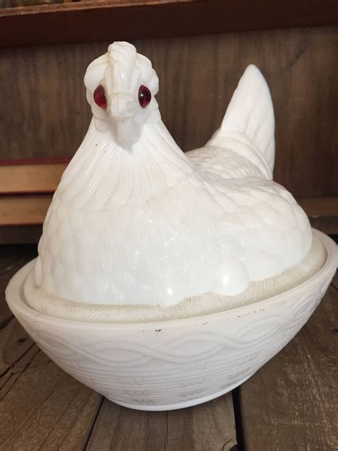5" Hen on Nest Covered Dish w Red Painted Comb & Wattle and Split Tail (Cracked Base) (1. . White milk glass hen on nest